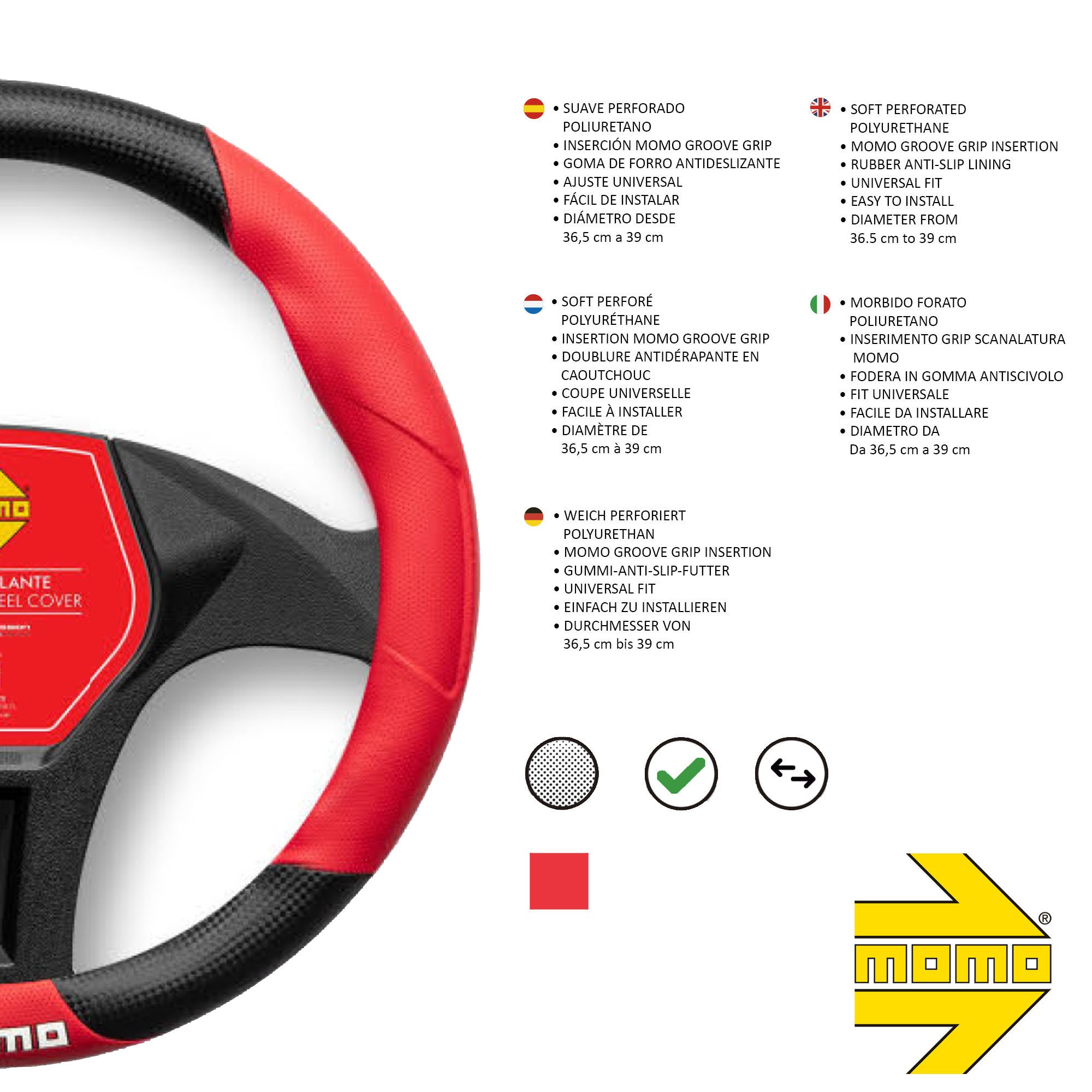 FUNDA VOLANTE MOMO TUNING UNIVERSAL NEGRO Y ROJO 38-39CM - Imagen 2